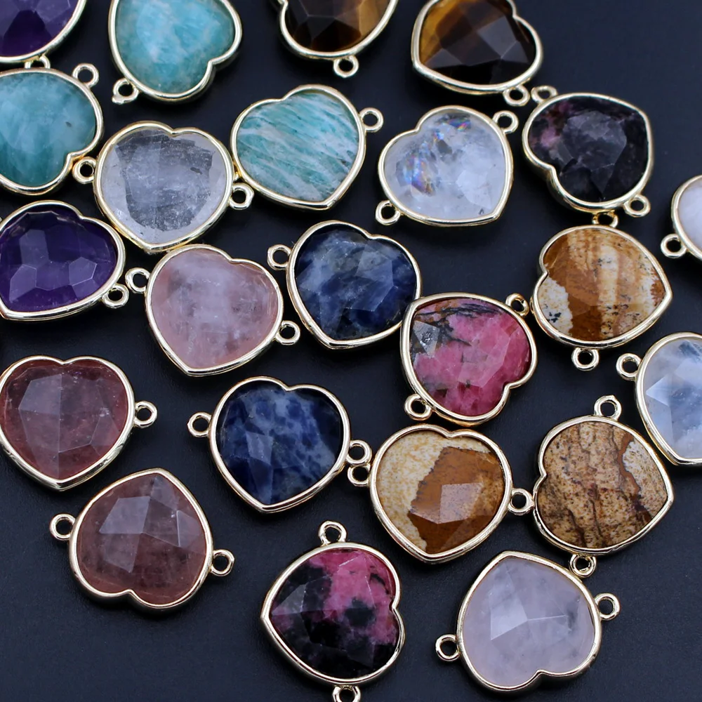 

6pcs Faceted Natural Stone Heart Shape Pendant Charms Pink Rhodonite Lapis Amazonite stone Double Loops Linkers Connectors DIY