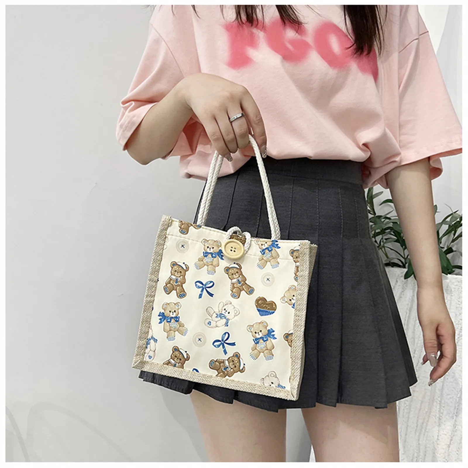 New Cartoon Cute Bear Linen Bag Portable Shopping Bag Large-Capacity Students Women Eco Tote Bag Travel Cloth Bag Tote Handbag