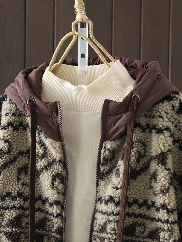 Retro American Spliced Hooded Lamb Fur Jaet Women's Autumn Winter New Sle Lazy Lamb Velvet Cotton Coat Long Sve Zipper