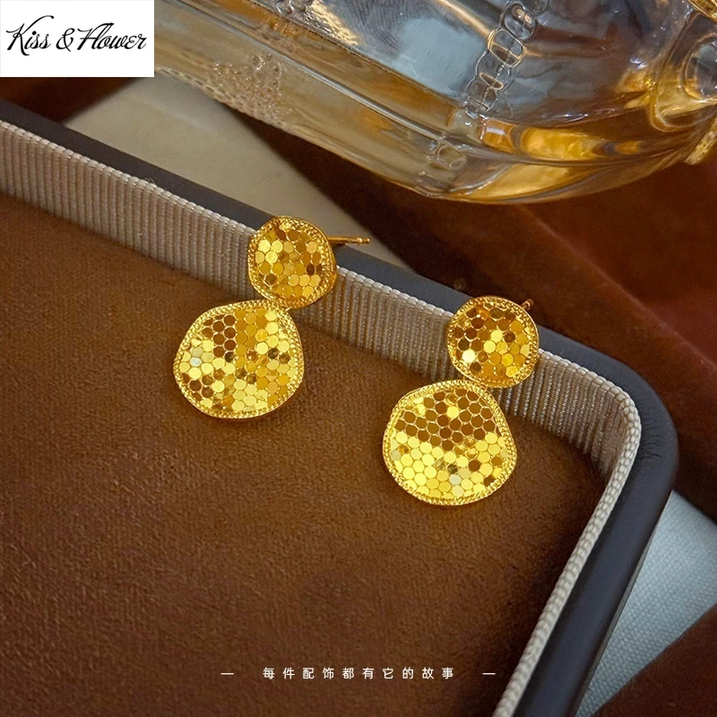 

Серьги-гвоздики KISS&FLOWER из 24-каратного золота, блестящие, круглые, для женщин, на свадьбу, день рождения, Рождество, для невесты, мамы, девушки, подарки для женщин EG5530