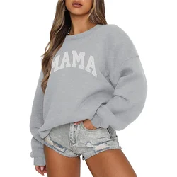 Round Neck Women's Sportswear Casual Oversized Pullover Hooded Sweatshirt Long Sleeved Pattern Printed Gray