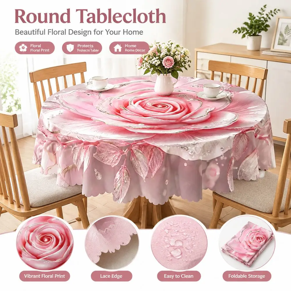 New Pink Rose Round Tablecloth Flower Print Lace Edge Rose Table Cover Elegant Style 3D Rose Floral Tablecloth Table Overlay