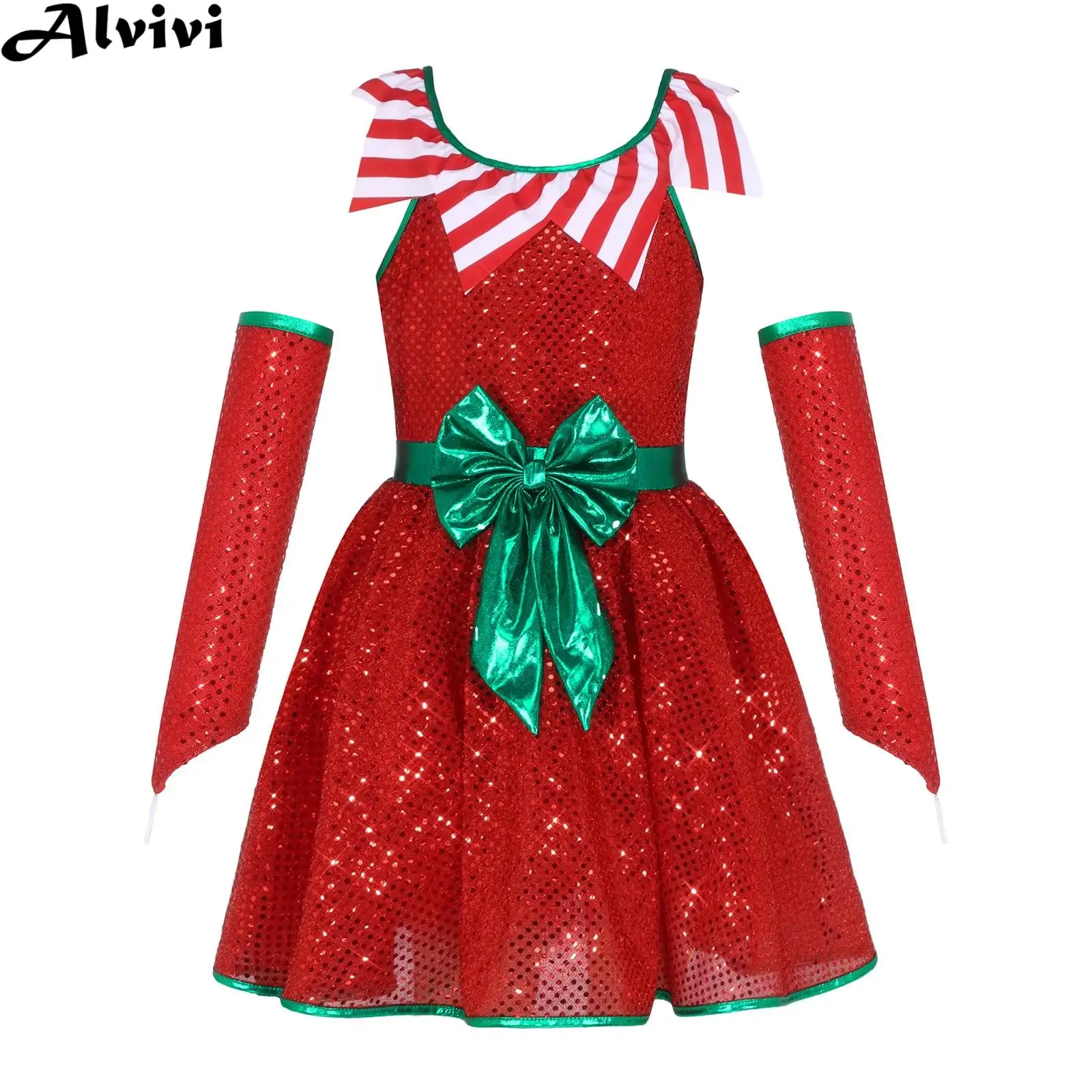 

Детское праздничное танцевальное платье для рождественской вечеринки для девочек, карнавальный костюм эльфа Санта-Клауса, полосатые костюмы ярких тростей на Новый год, карнавал