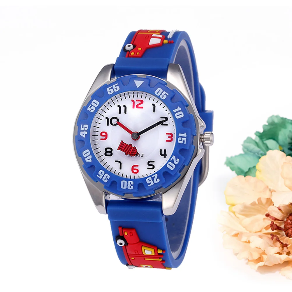 Blue 3D Cartoon Quartz Watch Waterproof Rubber Strap Fire Fighting Truck Theme Large Round Dial Time Clock for