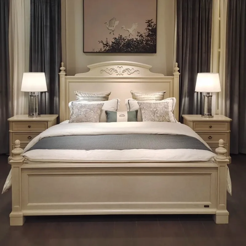 تصميم سرير مزدوج باللون البيج، تصميم بسيط ياباني بحجم كينغ، سرير مزدوج قابل للطي، أثاث منزلي حديث كاما زوجي