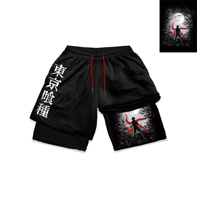 Anime Tokyo Ghoul Gym Performance Shorts Men 2 In 1 Quick Dry Workout Athletic Shorts Sportswear Fitness Sport Short Pants Black