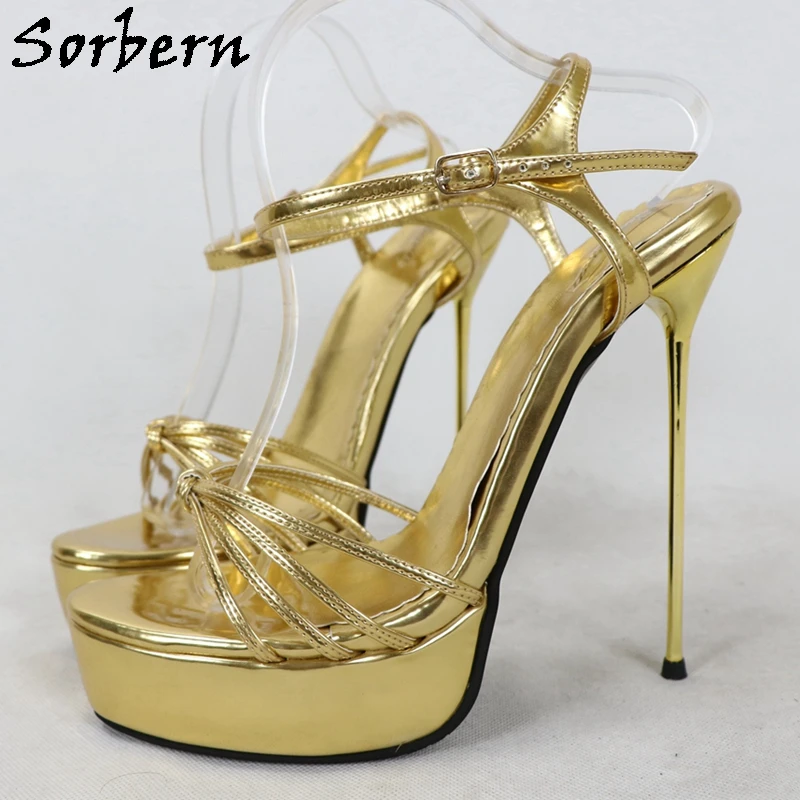 Sorbern Metallic Golden Women Sandal Ankle Strap Platform Women Party Shoes 16Cm 18Cm Ladies Heels Party Sandals Multi Colors