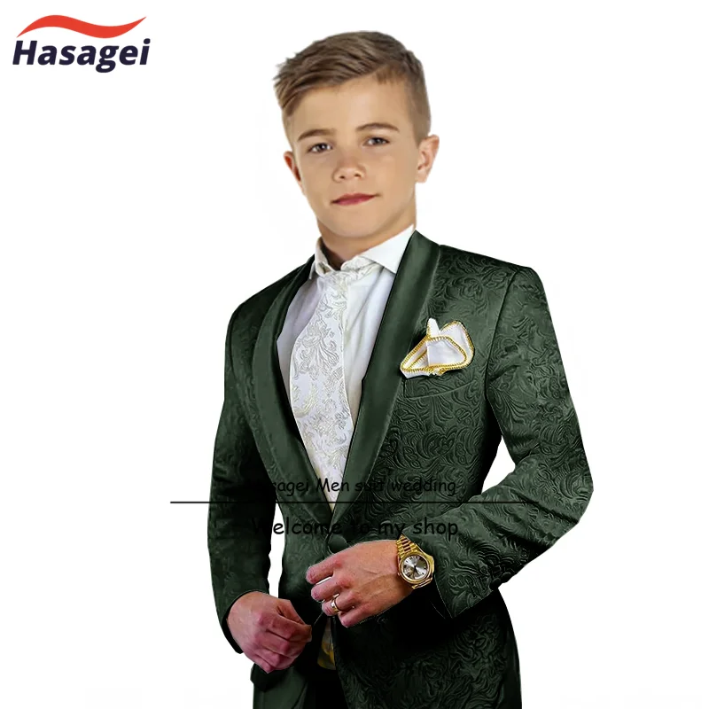 Traje de 2 piezas para niños, chaqueta estampada, pantalones, diseño de cuello de fruta verde, esmoquin de boda, ropa de escenario