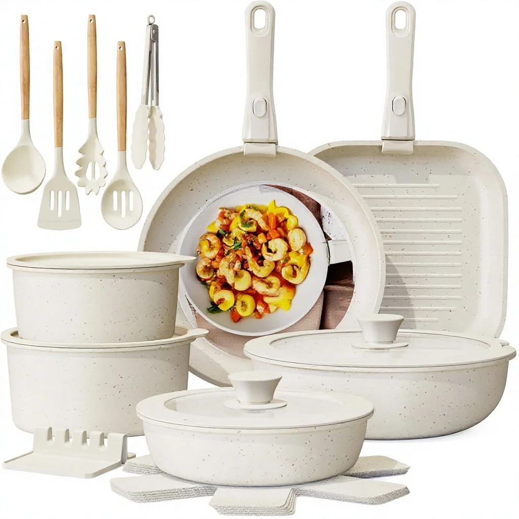 Custom Cross-border 23-piece Detachable-handle Cookware Set Universal Stove-compatible Nonstick Thickened Solid-color Stylish