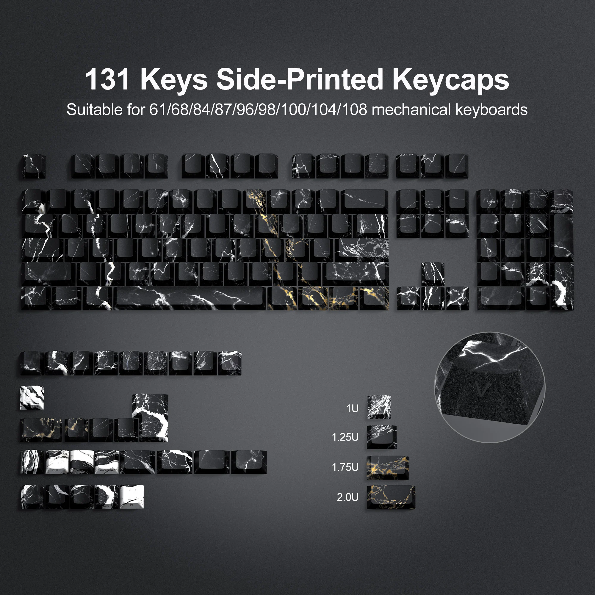 

136 Keys Side Print Backlit Black Marble 5 Side Dye-Sub PBT Keycap RGB Cherry Profile For Cherry MX Gamer Mechanical Keyboard