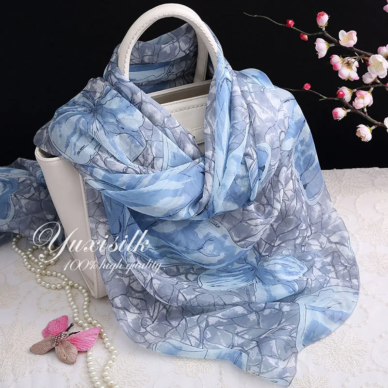 

High Quality Blue Summer Silk Long Scarf Shawl Women's Spring, Autumn and Winter