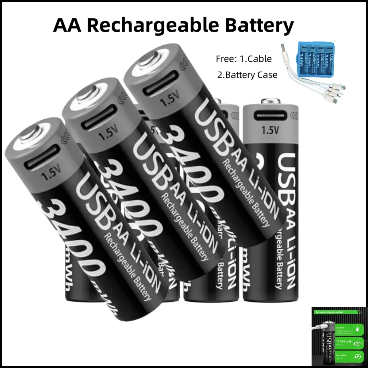 

AAA and AA Rechargeable Batteries USB Lithium-ion 3400mWh 1.5V AA Rechargeable Batteries+1100mWh 1.5V AAA Battery