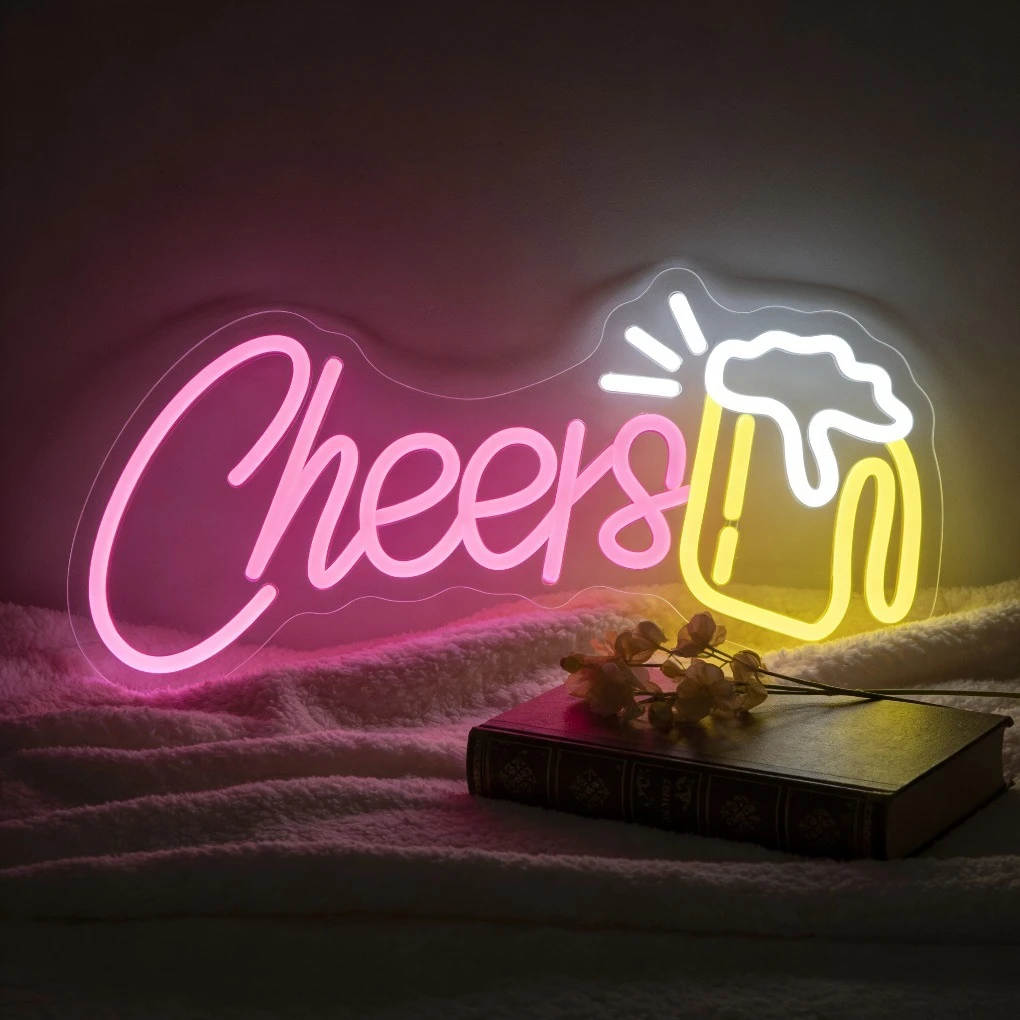 Cheers Neon Sign LED Night Light USB Dimmable Beer Mug Design for Bar Pub Party Decor Aesthetic Room Desk Lamp Birthday Gift