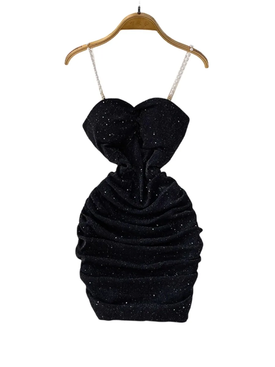 فستان Foamlina صيفي مرصع بالنجوم بتصميم السماء المرصعة بخصر مطوي بقصة ضيقة فستان قصير مثير برغبة نقية فستان بدون ظهر #6