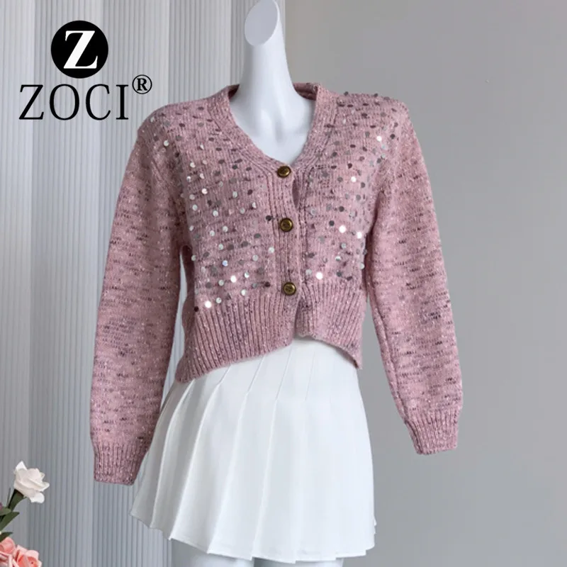 [ZOCI] French V-neck Knitted Cardigan Autumn Style Heavy Industry Sequin High-end Tie Dye Outer Sweater Jacket