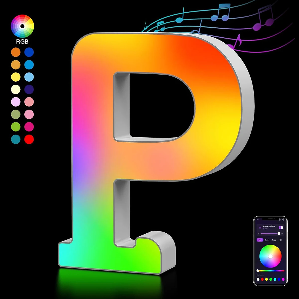 

Letters Night Light Smart APP with 128+ Scenes DIY Music Sync Gift Stick Wall for Home Living Room Bedroom Decor Lights Letter P