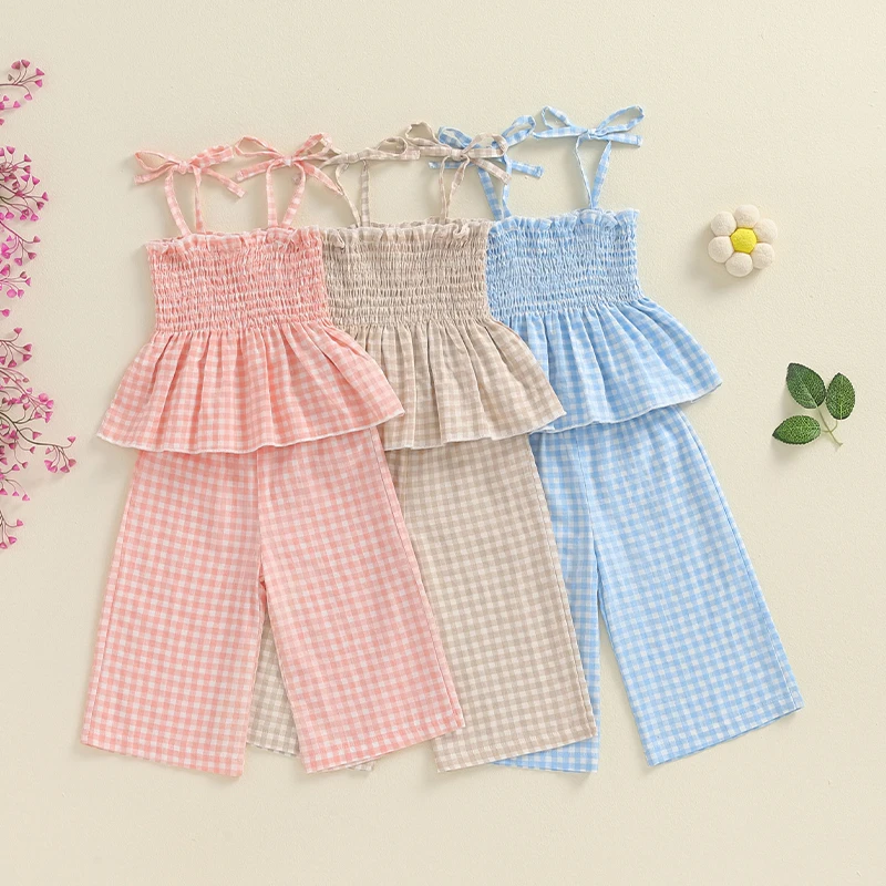 Toddler Girl Summer Outfit Plaid Tie-Up Spaghetti Strap Ruched Sleeveless Tank Tops and Loose Pants 2Pcs Clothes Set