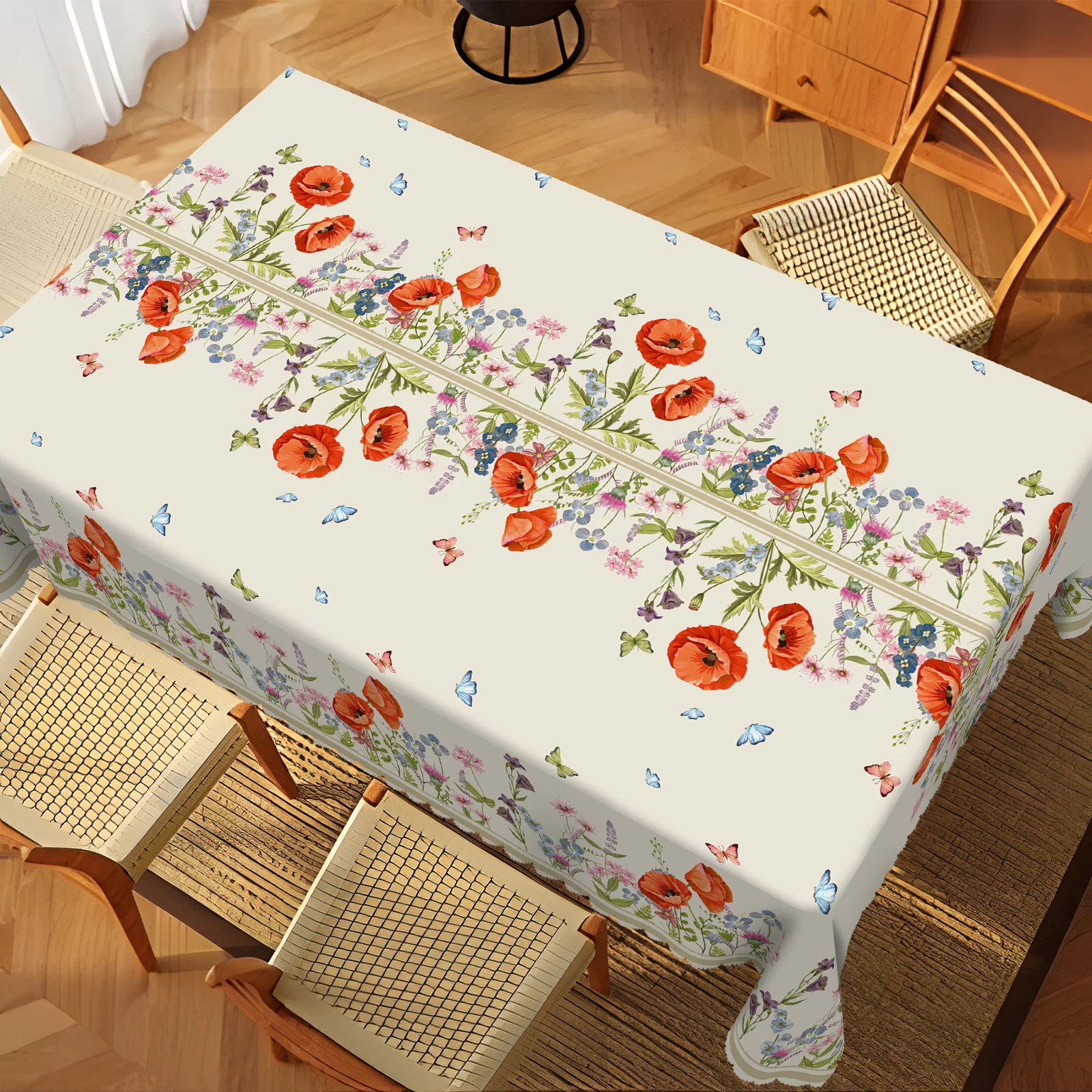 1 Stück Aquarell-Blumen-Tischdecke – orangefarbenes Mohn- und Schmetterlingsmuster, hochwertige rechteckige Tischdecke aus Polyester, Frühling