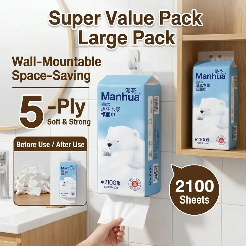 Manhua Hanging Tissue Paper 450Pulls 5 Ply Water Absorbent Thick Wall Mount Disposable Napkins for Bathroom Kitchen Home Use