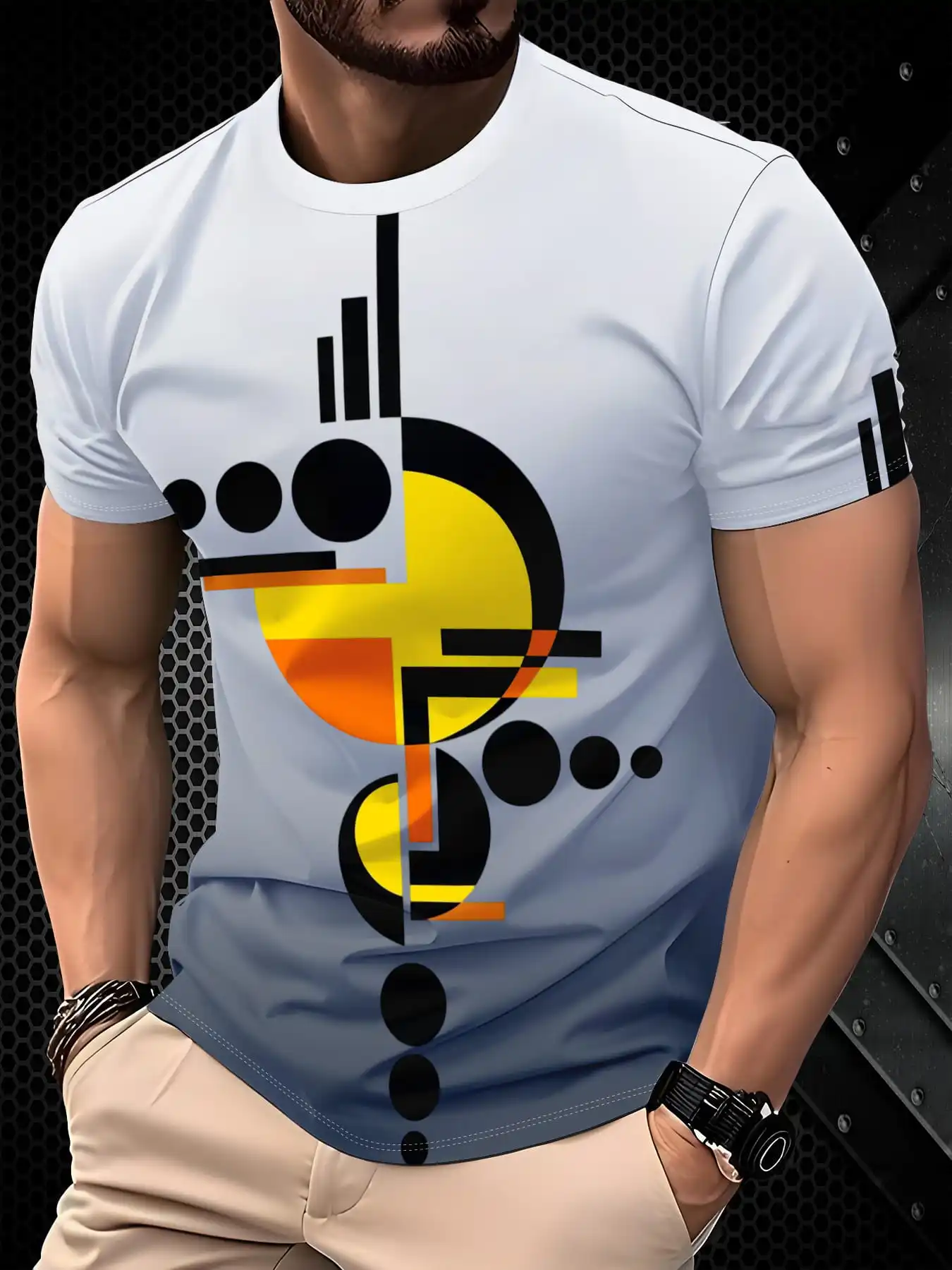 Men White Gray Gradient Black Yellow Orange Geometric Circle Line Abstract Bauhaus Style Print Crew Neck Short Sleeve T-shirt