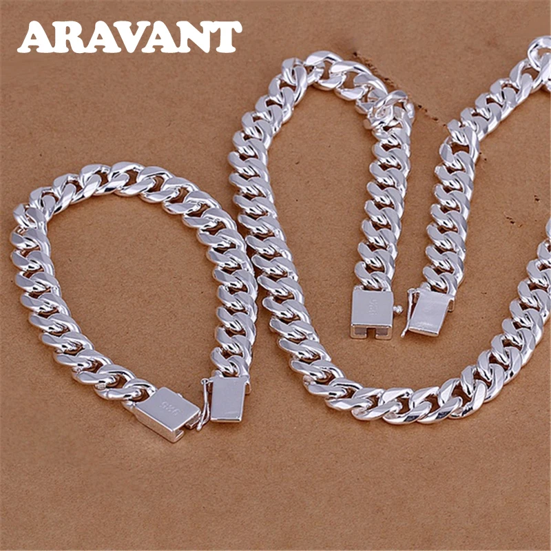 Aravant 925 Silver 10MM Necklace Bracelets Chain Set For Men Women Fashion Jewelry