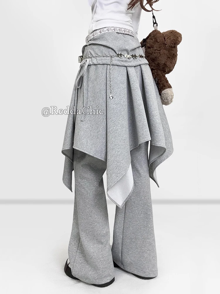 REDDACHiC Double Layered Sweatpants Gray Grunge Wide Leg Elastic Waist Bowknot Flowy Ruffle Wrap Pants Lounge Women Streetwear