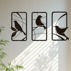 Paradise Bird Metal Wall Art – 3pcs Set with Flower Accents for Elegant Wall Hanging