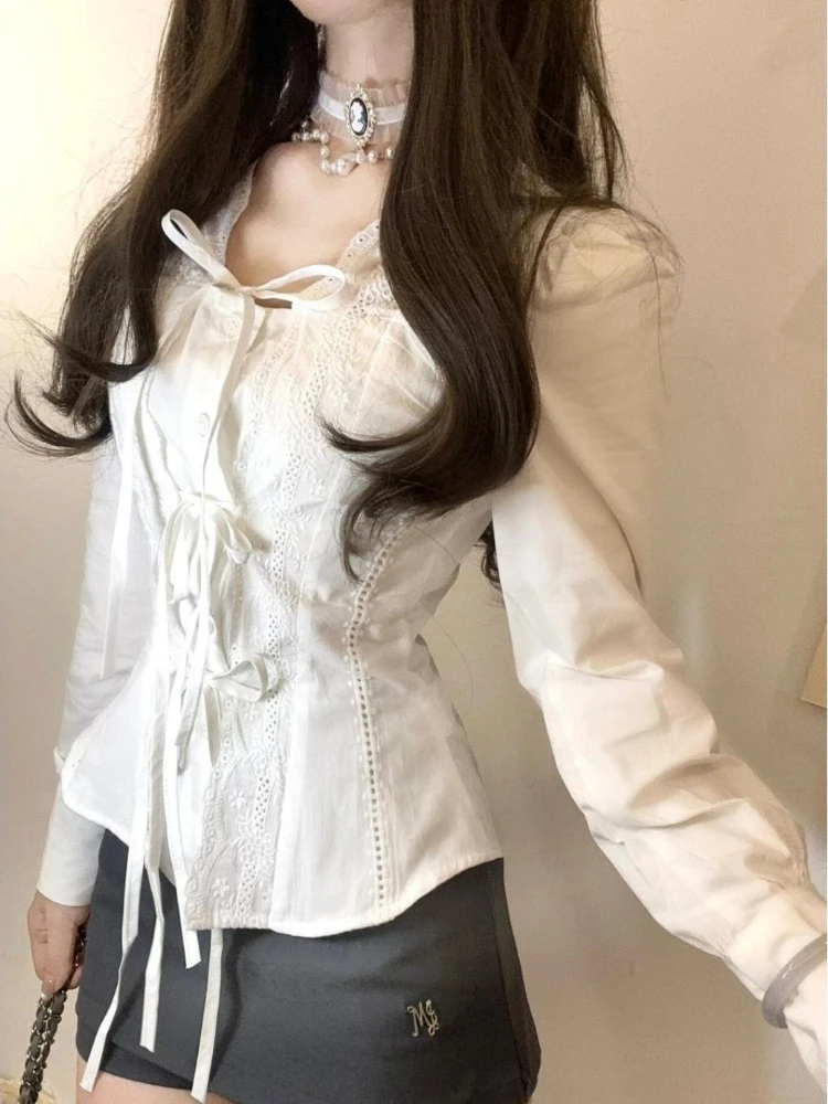 Shirts Women Fashion Autumn Vintage Lace-up Tunic Hotsweet Solid Party V-neck Casual Streetwear Y2k All-match Ins Aesthetic Ropa