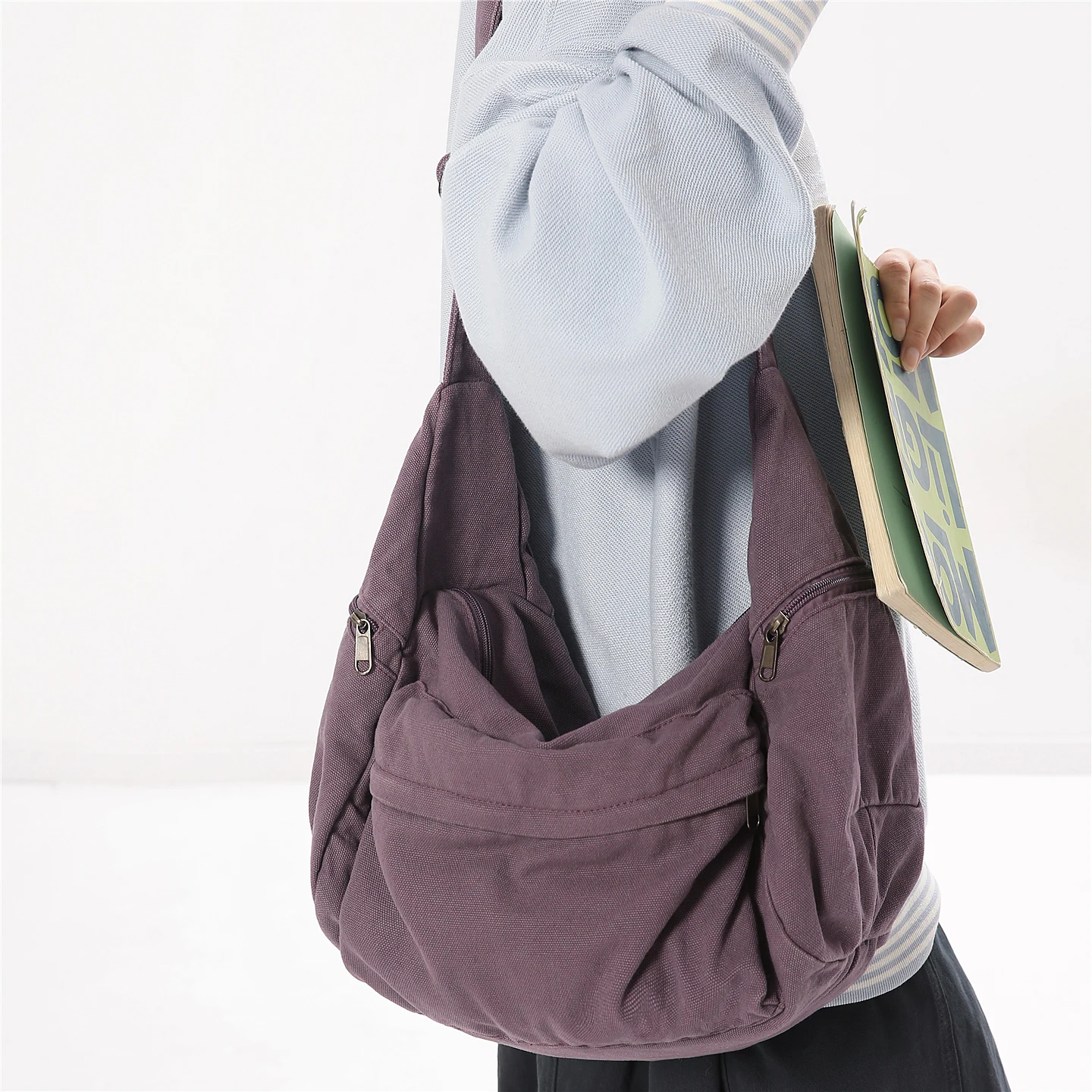 Tas Bahu Katun 100% Wanita Kapasitas Besar Tas Kanvas Gaya Korea Tas Selempang Kain Tas Messenger Polos