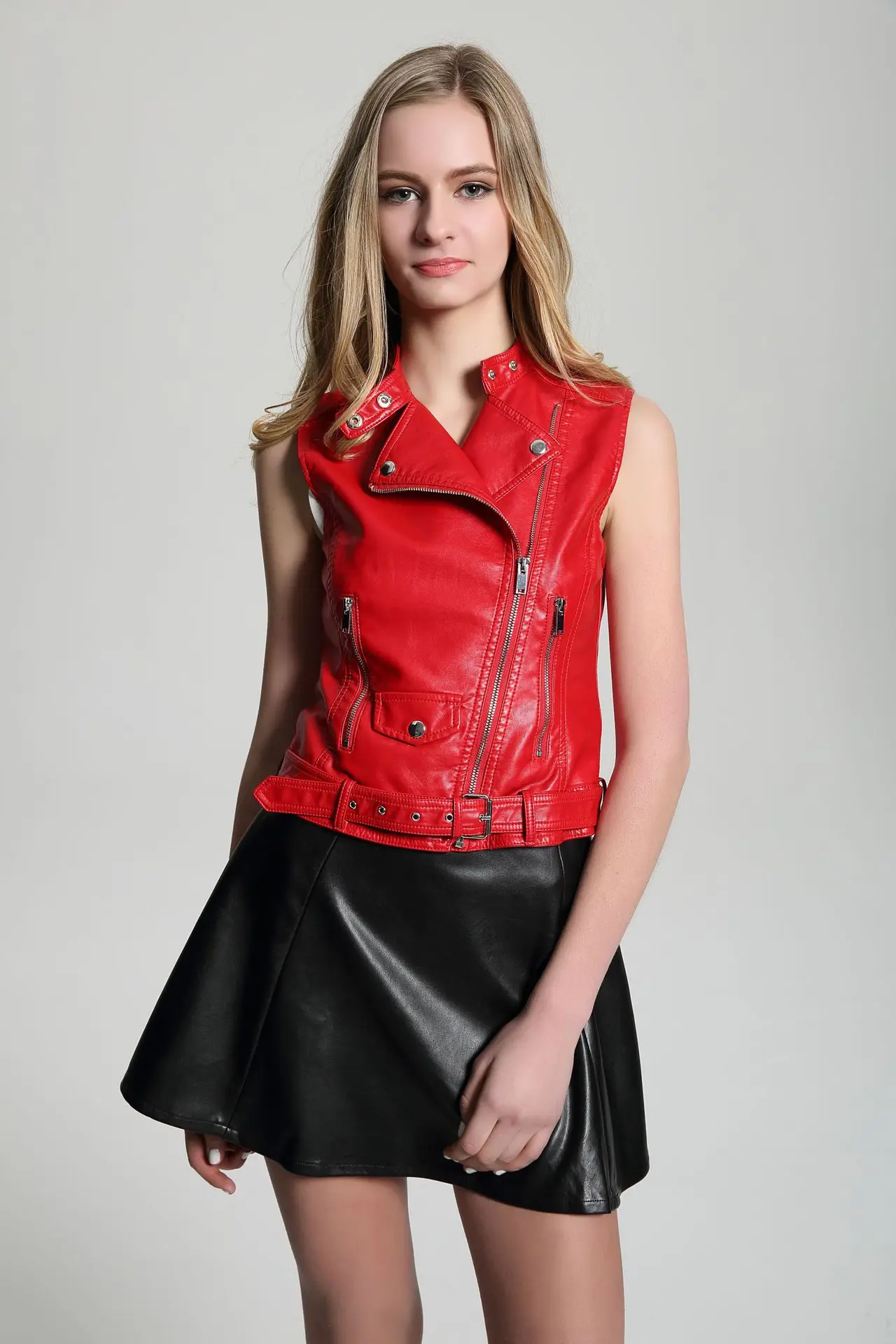 FMFSSOM 2024 Autumn Faux Leather Jacket Casual Red Vest Fashion Sleeveless Women Coat Streetwear Moto Biker Zipper Outwear