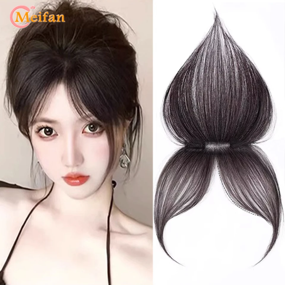 100% Human Hair Topper Hairpiece with Bangs Clip in Bangs Natural Air Bangs Fringe with Temples Hairpieces for Women Daily Wear