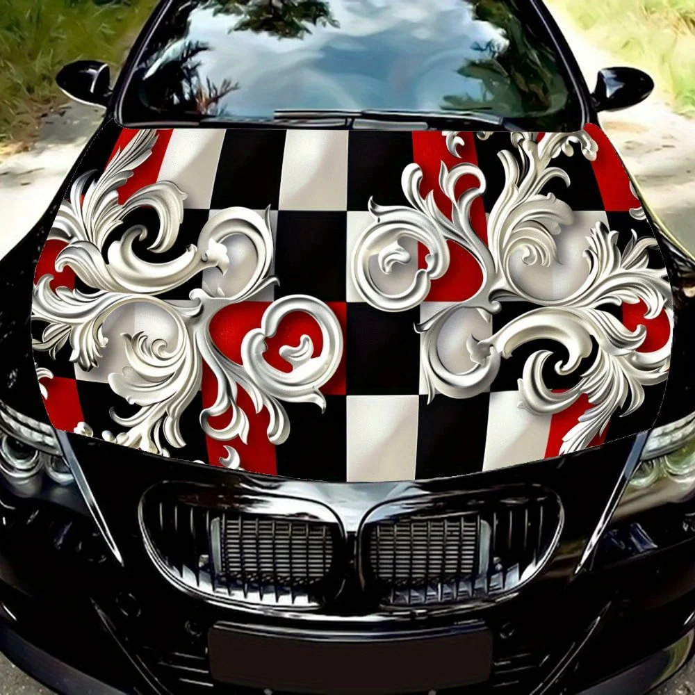 

Striking Baroque Black and white squares Silver curly pattern Car Hood Vinyl Wraps Sticker, Car Engine Decal, Waterproof Self-ad