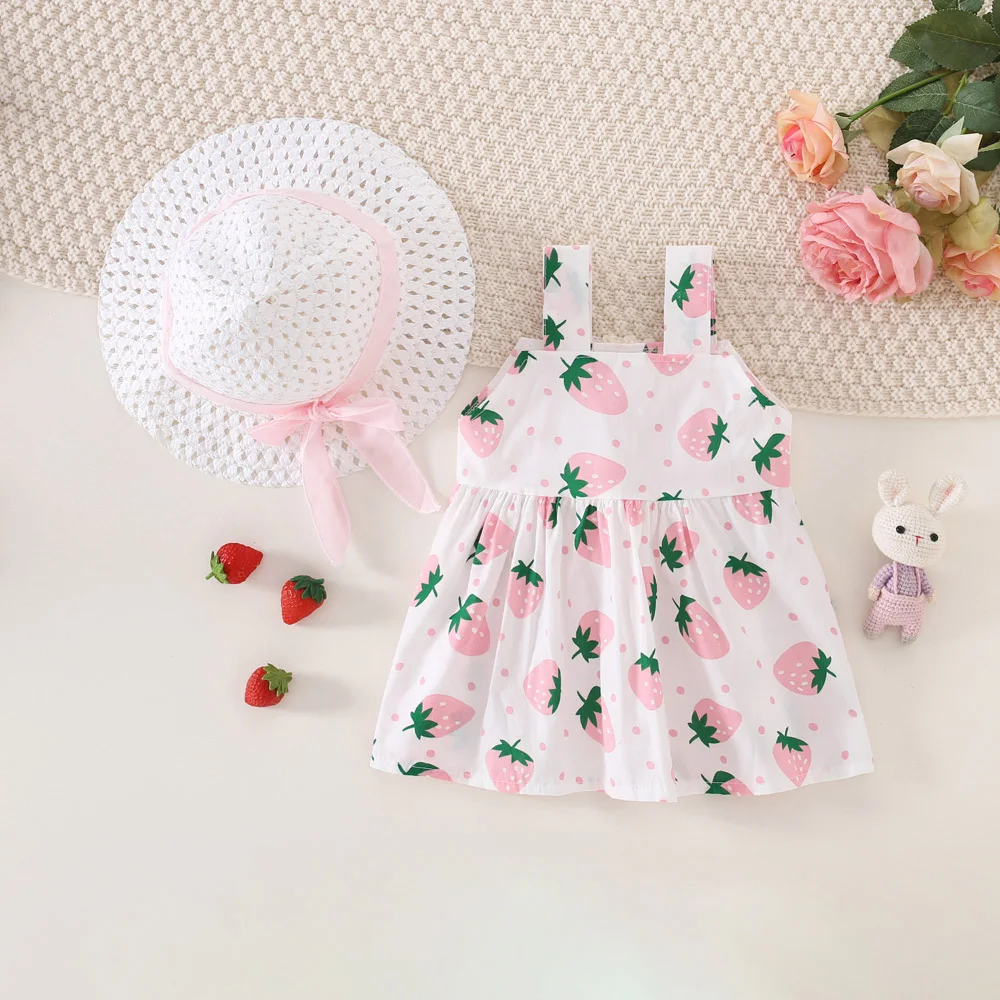 Summer Baby Girl Dress Hat 2/Piece Set Girls\' Small Round Dot Strawberry Printed Front Bow Daily Casual Dress