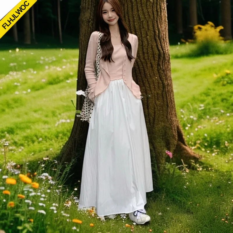 

Long Maxi Skirts Cute Sweet Japan Girls Women Preppy Style Cotton Blends Retro Vintage Solid Blue White Skirt