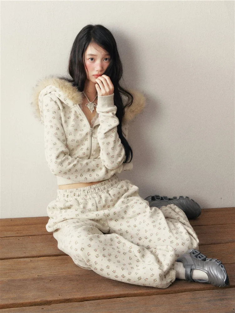 

Floral Print Fleece Lined Hoodie And Pants Set Women's Loose Fit Winter Outerwear Two Piece Suit High Waist Trousers