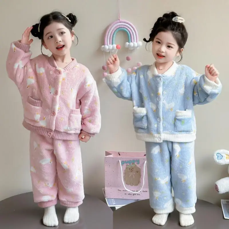 

Girl Winter Clothes 7 To 12 Years Old Loungewear Coral Fleece Pajama Set Cartoon Comfortable Homewear Children Clothing Trendy