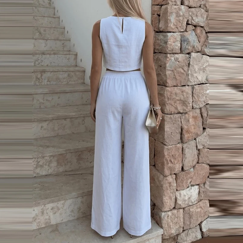 

Elegant Lady Simple Commute Outfits Casual O-neck Solid Crop Tops&Split Pants Sets Summer High Waist Pocket Pants Two Piece Sets