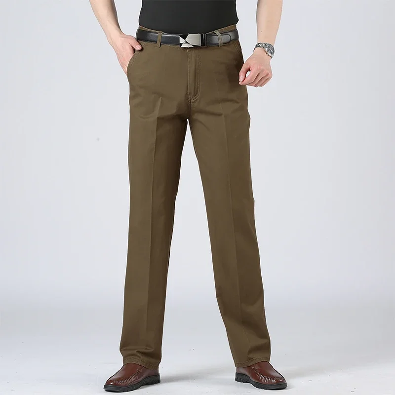 

Хлопковые брюки, мужские прямые брюки для отдыха, деловые брюки, однотонные осенне-весенние брюки-чинос с поясом, официальные брюки с поясом для папы и пожилых людей