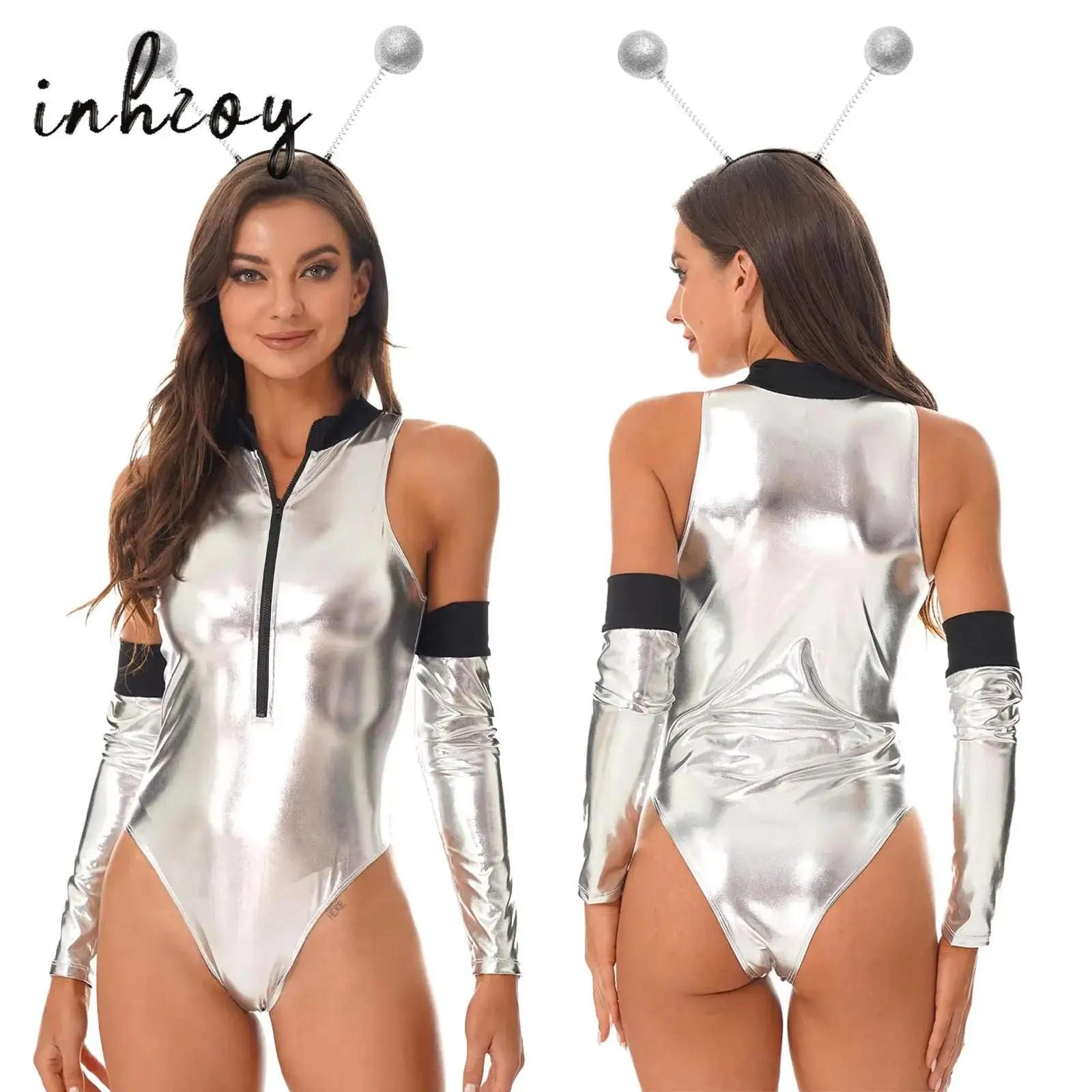 Womens Halloween Alien Cosplay Costume Outer Space Themed Party Dress Up Metallic Shiny Bodysuit Jumpsuit with Arm Sleevee Set