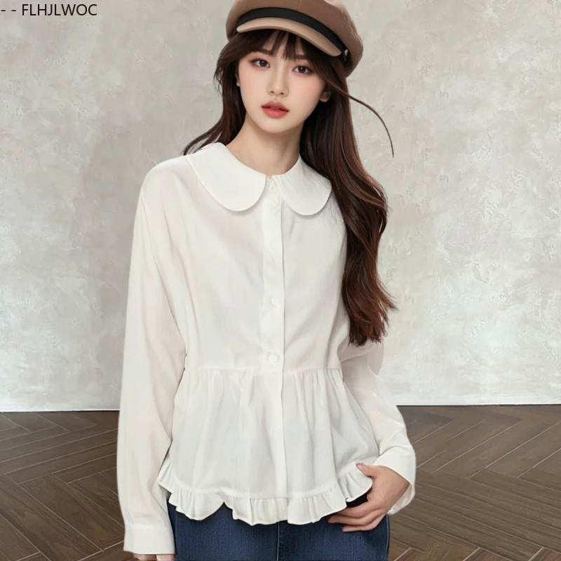 

Хлопковые шикарные корейские милые топы с воротником «Питер Пэн» Blusas для женщин в японском стиле для девочек, винтажные белые рубашки в консервативном стиле с оборками и баской