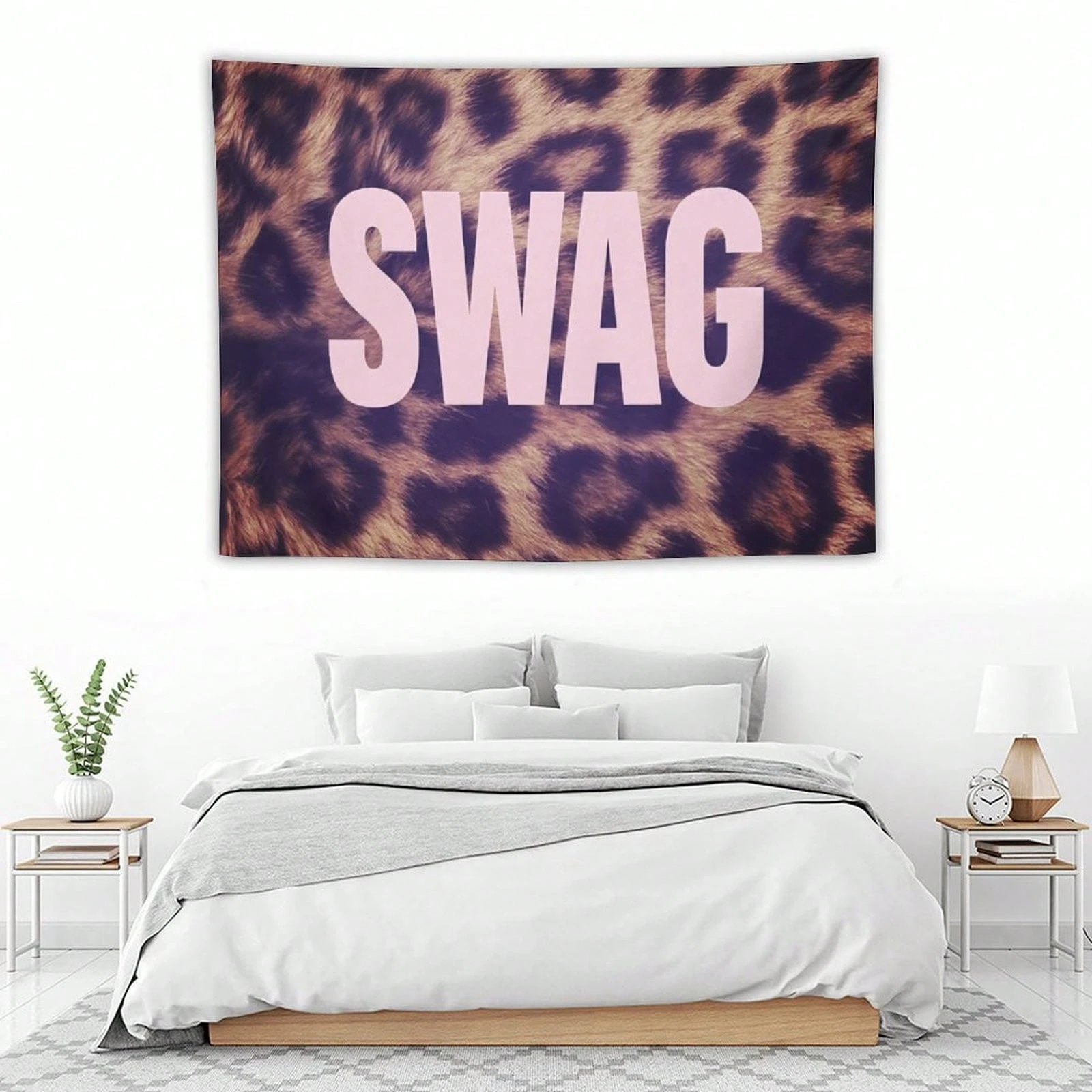 Leopard Print Pink SWAG Slogan Tapestry Bedroom Wall Hanging Fabric Living Room Home Dorm Decor Art Home Decor