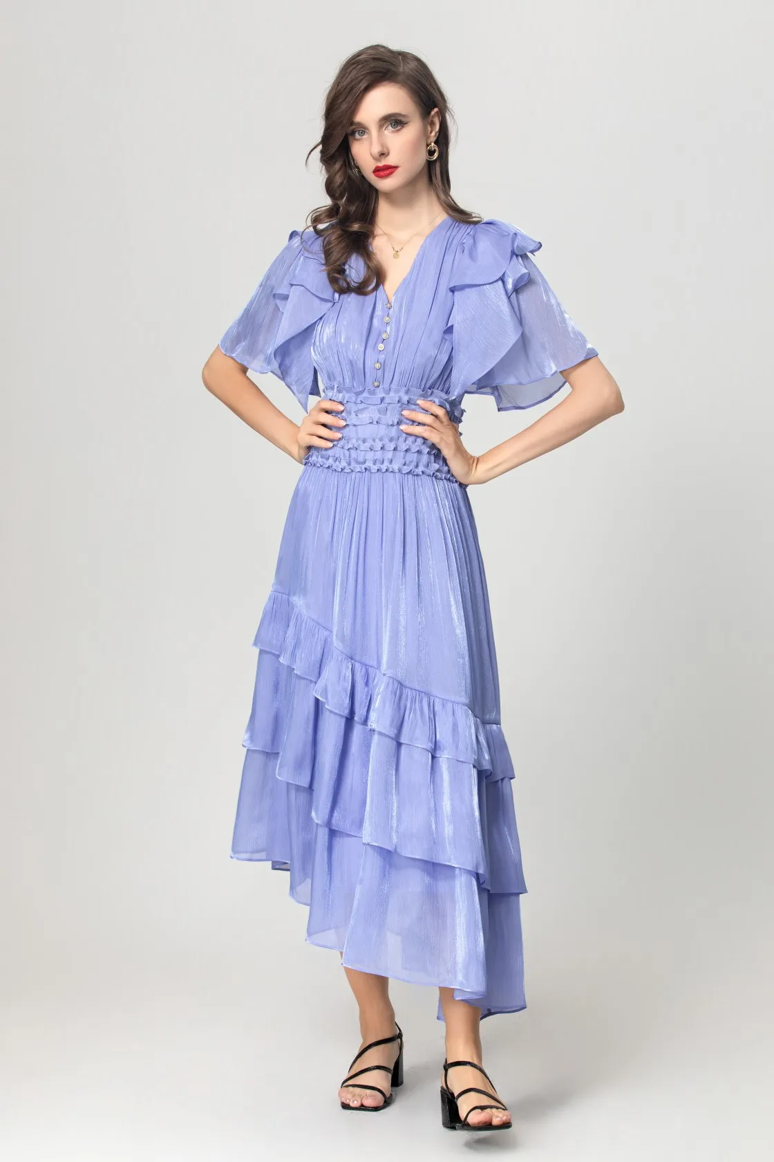 فساتين نسائية مثيرة بياقة على شكل V وأكمام قصيرة وخصر مطاطي وكشكشة متدرجة غير متماثلة أنيقة غير رسمية