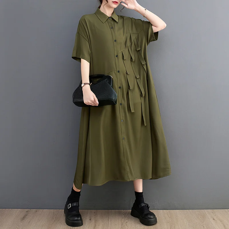 #0171 Black Green Long Shirt Dress Women Ribbons Loose Midi Dress Female Short Sleeve Loose Irregular Front Button Shirt Dress