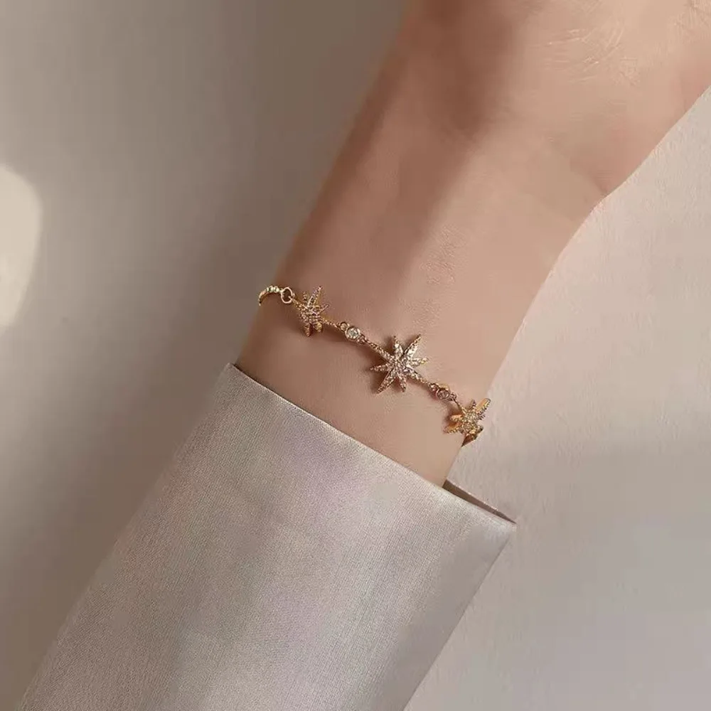 1Pc Eight-Pointed Star Women's Copper Inlaid Zircon Bracelet, High-End Luxury Fashion Ins Series, Banquet Wedding Jewelry