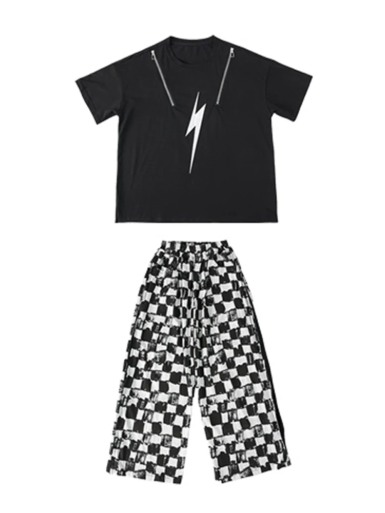 Bambini Ragazzi Hip Hop Maglietta nera Pantaloni a quadretti Baggy Maniche corte Chiusura Poppin Performance Costume Ragazze Jazz Outfit BL16434