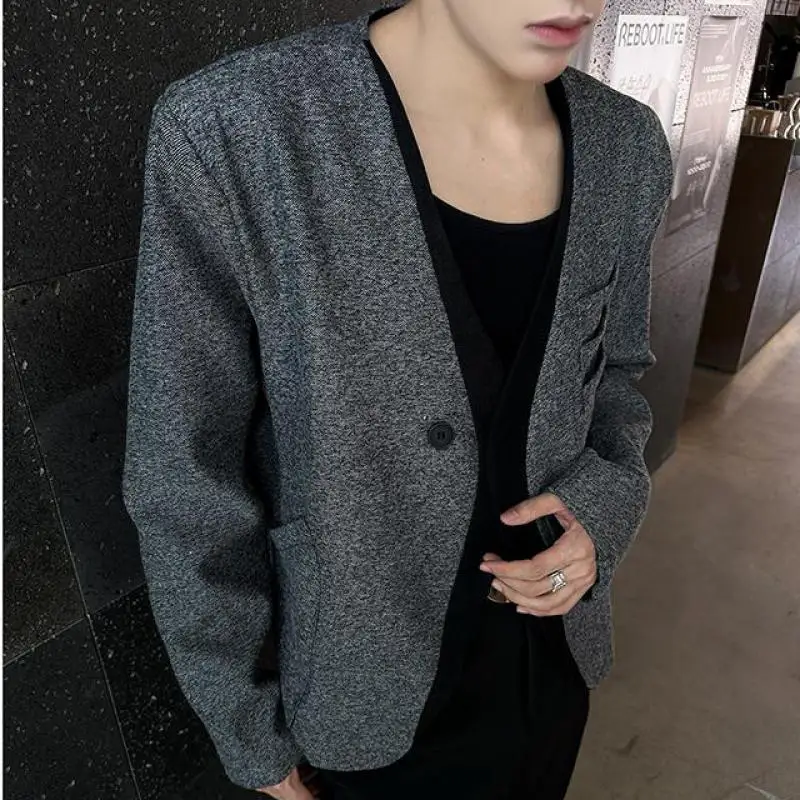 Men's Gray Single-Breasted Blazer Solid Color Casual Loose Fit Suit Jacket Minimalist Versatile Youth Office Wear M-XXL