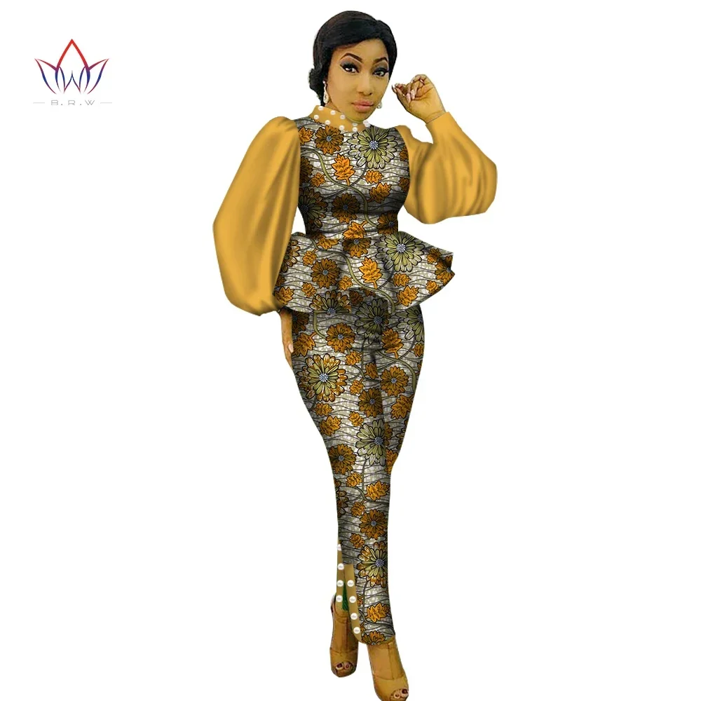 

New Style 2 Piece Sets Women Long Puff Sleeve Ruffles Top and Pant Sets Elegant African Print Pants Set Plus Size 6xl WY3156