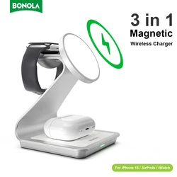 Bonola-cargador inalámbrico magnético 3 en 1 para iPhone 16/15 Pro Max/14/13, estación de carga inalámbrica de 30W para Apple Watch/AirPods Pro