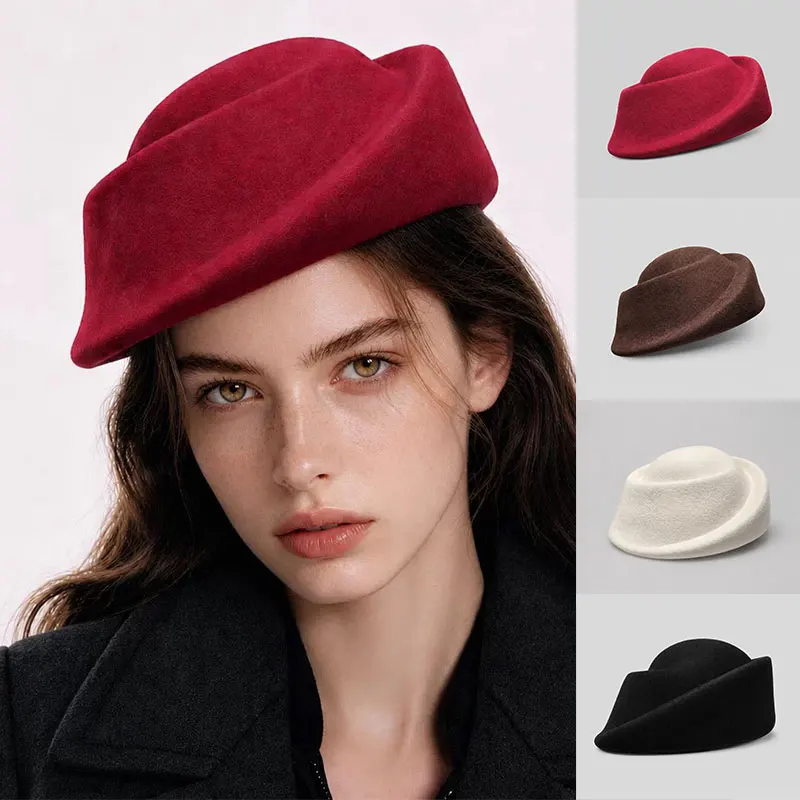 2026 New Hepburn Style Women's 100% Wool Felt Beret Royal Ladies Charm Decorative Hat Formal Party Wedding Dress Hat