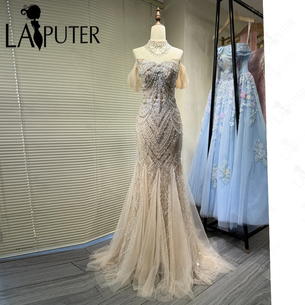 Luksusowe złote suknie wieczorowe w stylu syreny, zdobione kryształkami, z odkrytymi ramionami, sukienka na studniówkę, tiulowa spódnica, złota suknia formalna w stylu gwiazd, kolekcja 2026